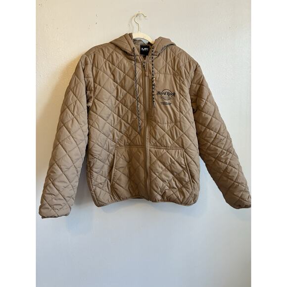 Hard Rock Cafe Bomber Puffer Jacket Men L Snow Coat Retro Ski Tan Brown Hoodie - Picture 6 of 16